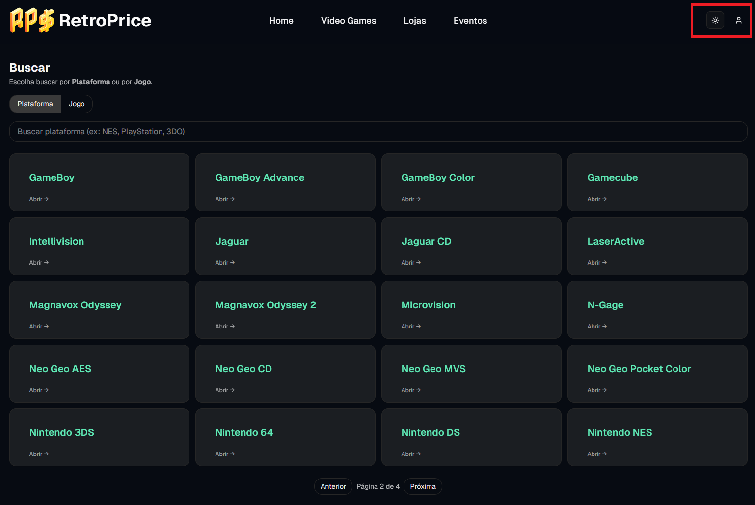 Tela inicial — visão geral do RetroPrice