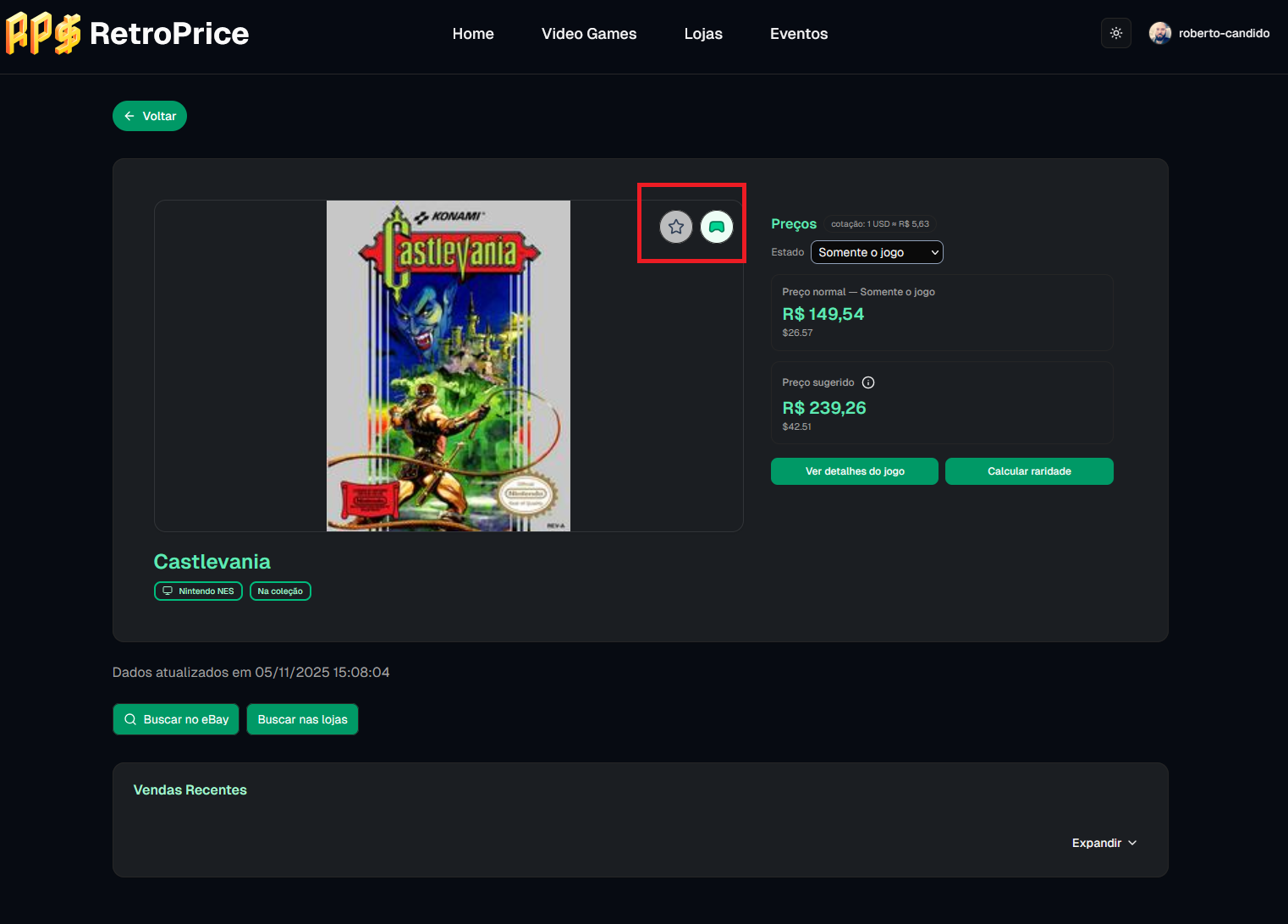 Detalhe do jogo com preço sugerido e histórico