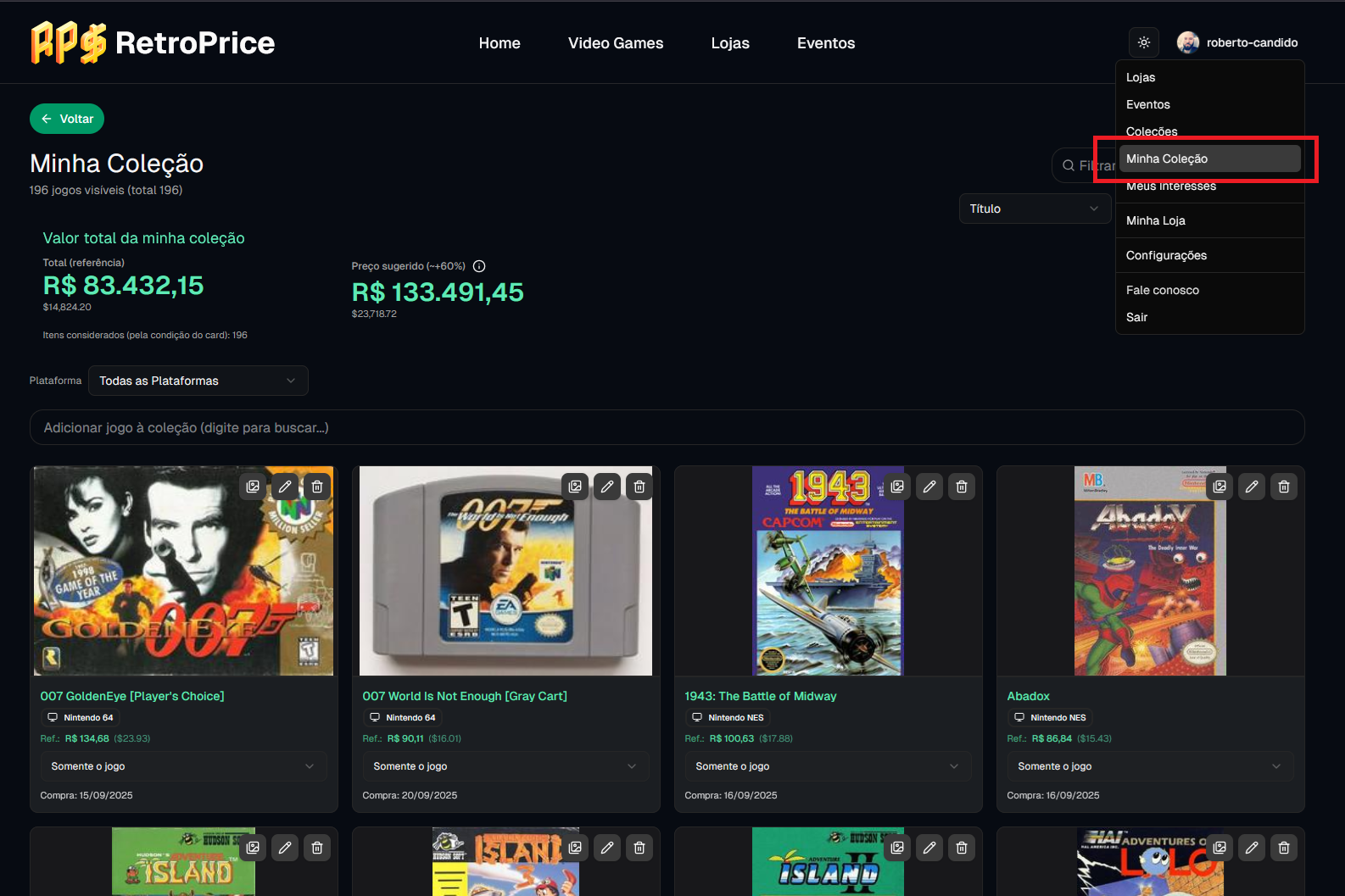 Coleção do usuário com valor total estimado
