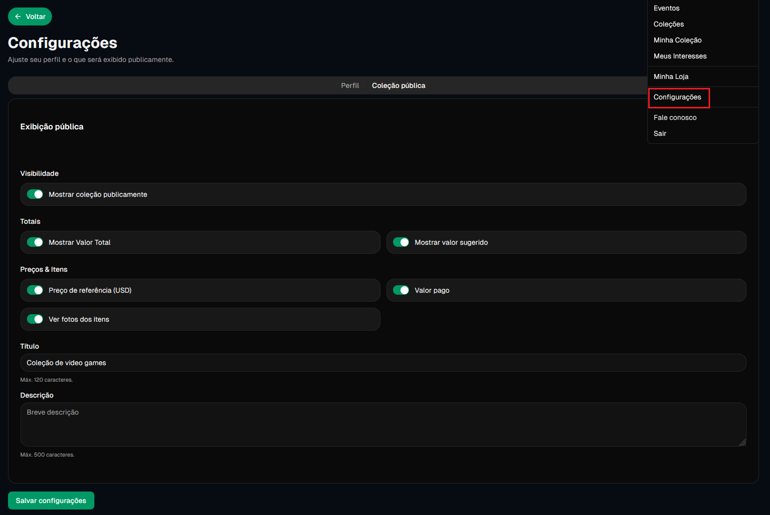 Configure sua coleção